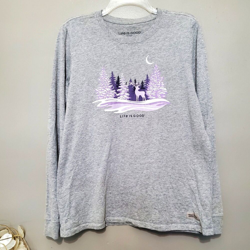 Life Is Good Moonlight Deer Crusher Tee Womens Size Medium Gray Long Sleeve